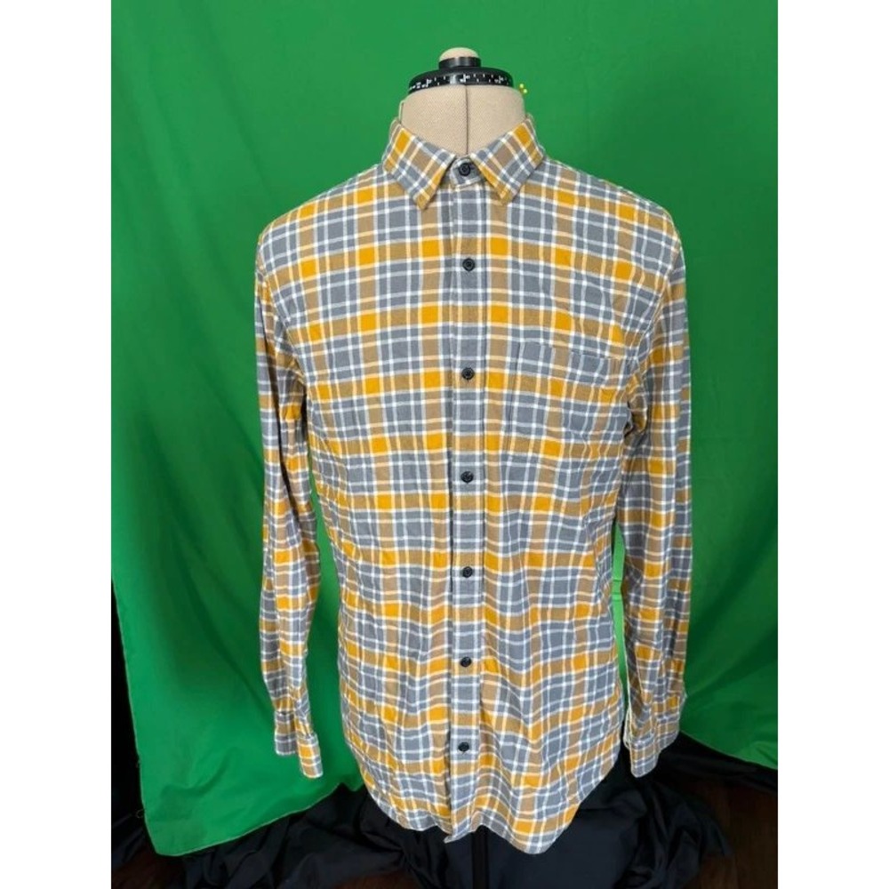 Hawker Rye Men's L Tall Slim Fit Stretch Flannel Shirt Gray Mustard Plaid - Picture 4 of 11
